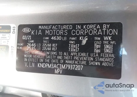 2021 Kia Sportage Lx z USA, uszkodzony, nr VIN KNDPM3AC1M7937207